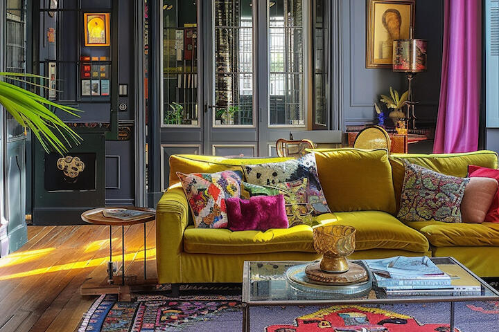 Wohnzimmer im Hipstoric Stil mit gelbem Sofa