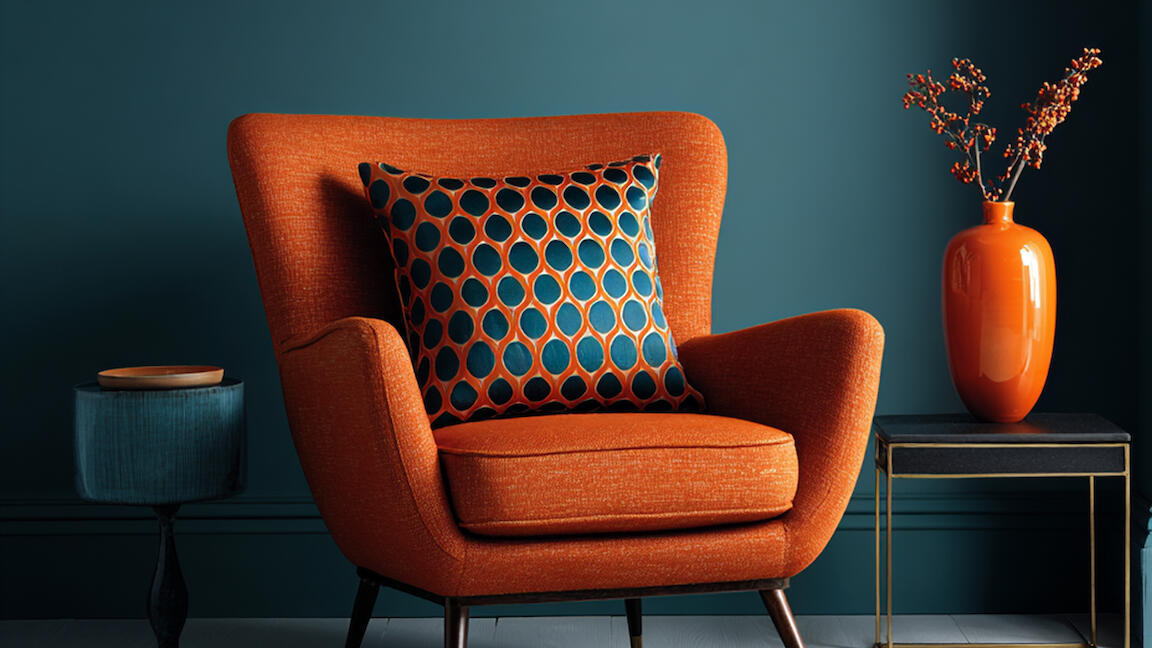 ein Sessel in Orange mit Kissen, daneben ein orangefarbene Vase vor einem dunkel türkisem Hintergrund