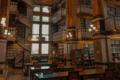 Eine Bibliothek mit hölzernen, verzierten Geländern, Büchern bis unter die Decke, schweren Tischen und ledernen Stühlen.