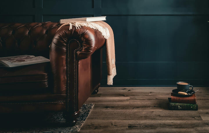 Win Ledersofa vor einer grünen Wand. Auf der Lehne liegt eine helle Decke.