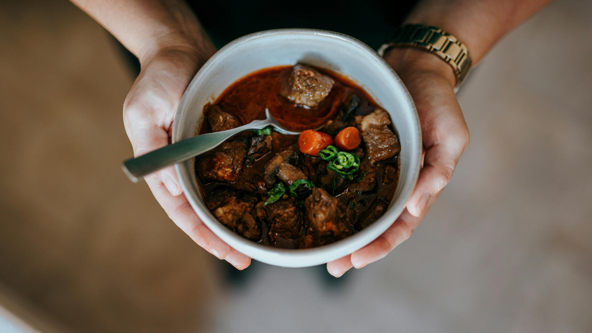 Aufsicht auf eine Schale mit Eintopf, gehalten von zwei Händen.