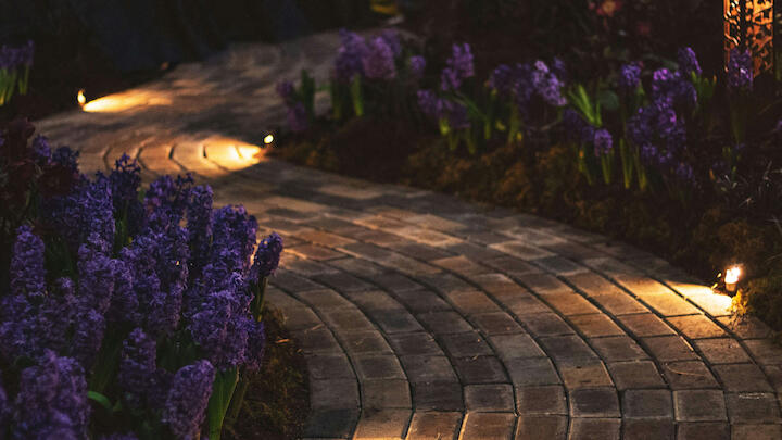 Ein Weg durch den Garten wird bei Nacht beleuchtet