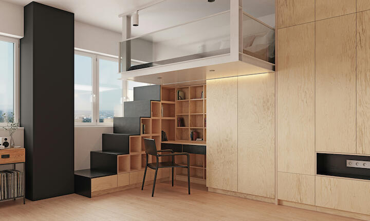 Man sieht eine Treppe zu einem Hochbett, die gleichzeitig aus Regakfächern besteht und multifunktional genutzt wird.