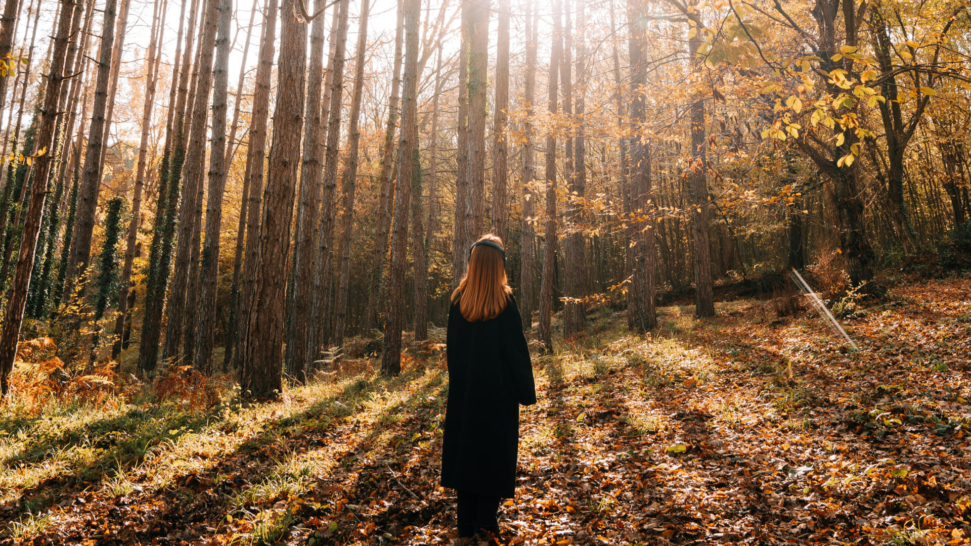 Eine Frau steht im herbstlichen Wald.